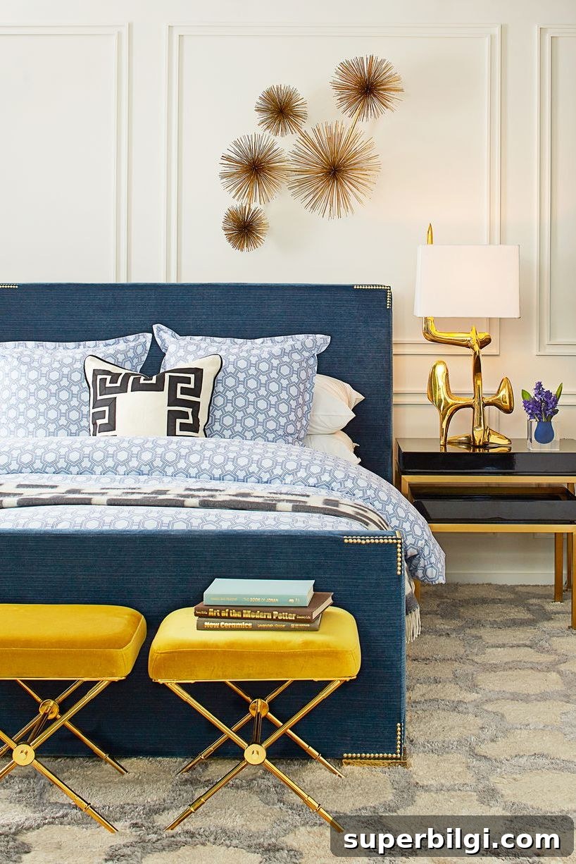 Brass urchins are arranged and hang above a bed in a bedroom