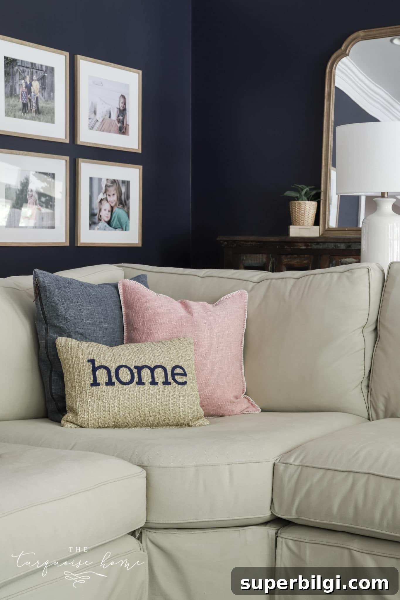 Choose and Arrange Sofa Pillows for Living Room Decor 7 Two large square pillows with a bolster pillow in front