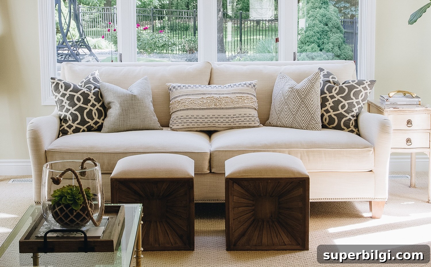 Choose and Arrange Sofa Pillows for Living Room Decor 5 living room with couch sitting in front of windows and throw pillows on the couch