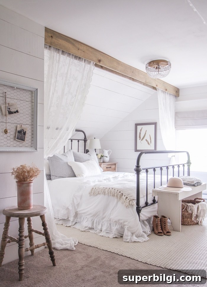 modern farmhouse bedroom with a bed, shiplap walls, and an area rug on the floor