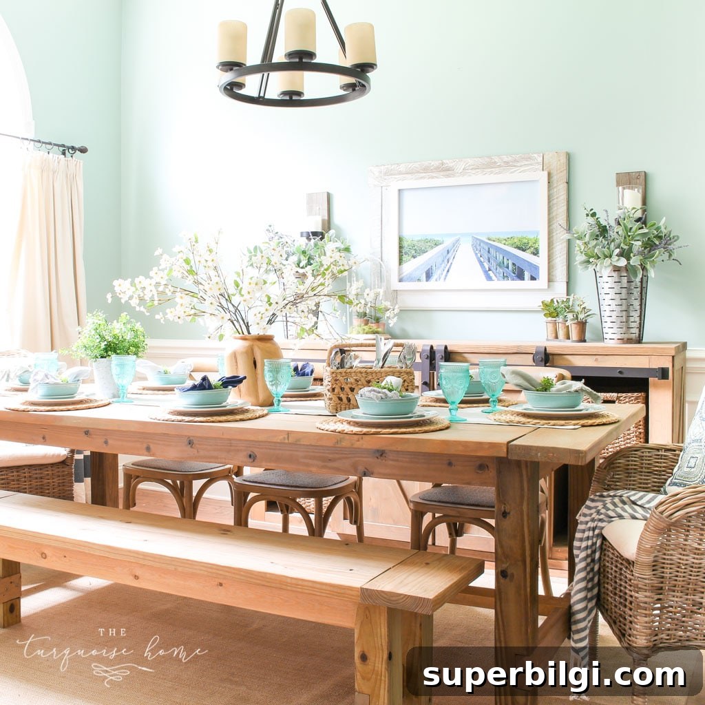 a Simple Summer Dining Room Tour - with turquoise plates and a gorgeous farmhouse table