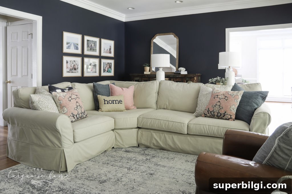 Sectional sofa in living room with throw pillows