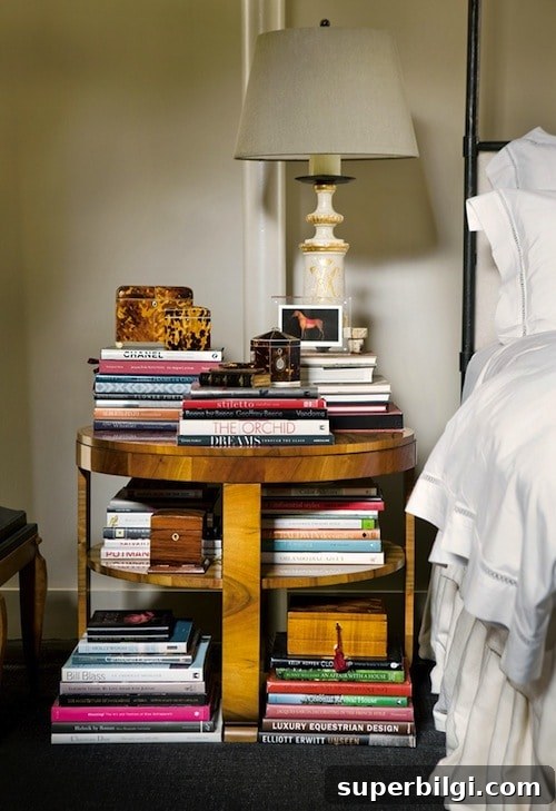 6 Creative Ways to Style Books for Home Decor 5 bedside table with top and shelves filled with stacks of books, trinkets, and a lamp