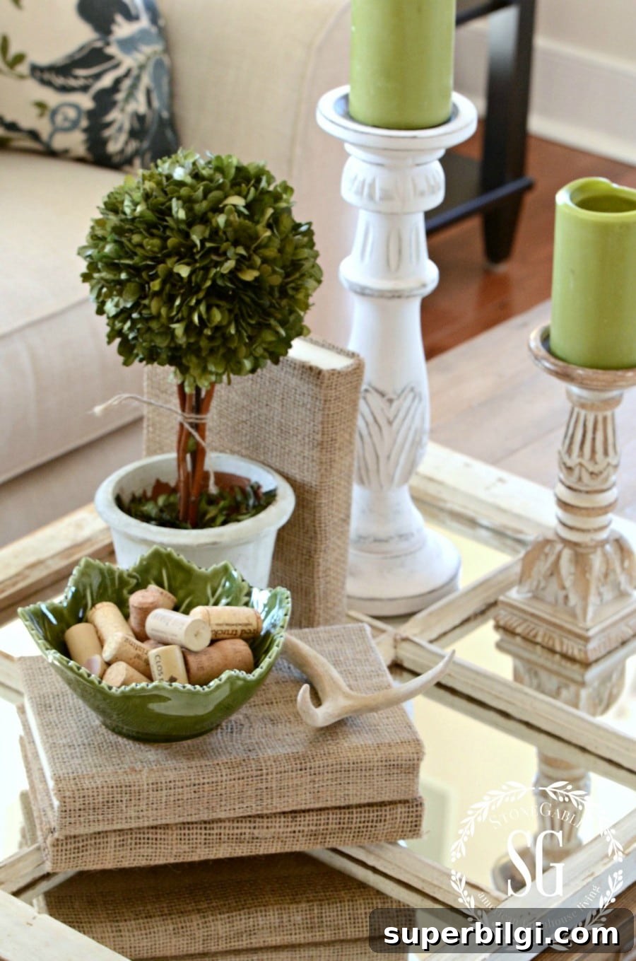 6 Creative Ways to Style Books for Home Decor 6 coffee table with trinkets, a plant and books wrapped in burlap