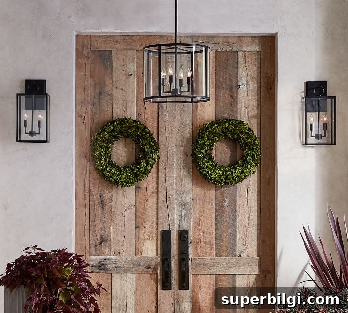 17 Stylish Entryway Lighting Fixtures for Quick Installation 7 Wooden door with green wreaths on it and a bronze farmhouse entryway light hanging from the ceiling