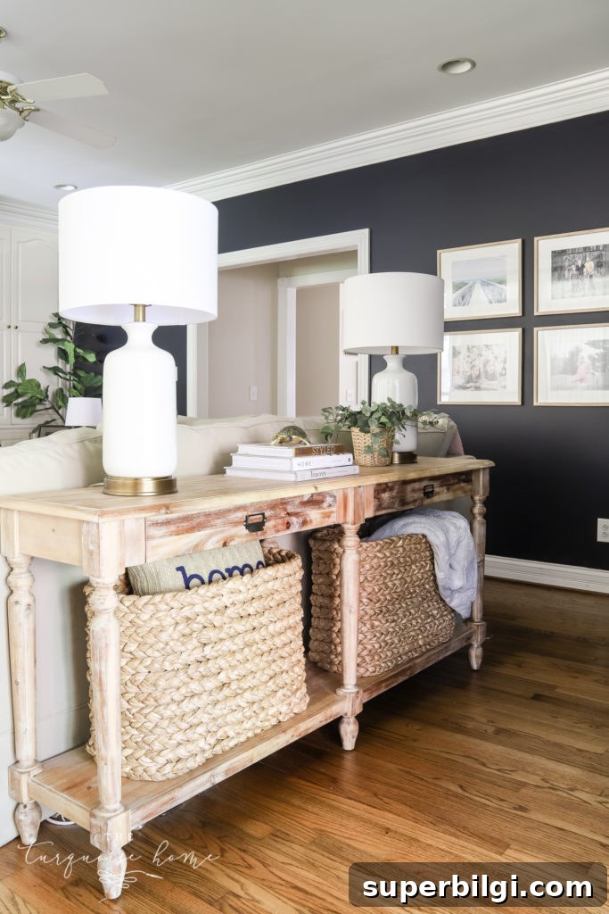 console table behind a sofa
