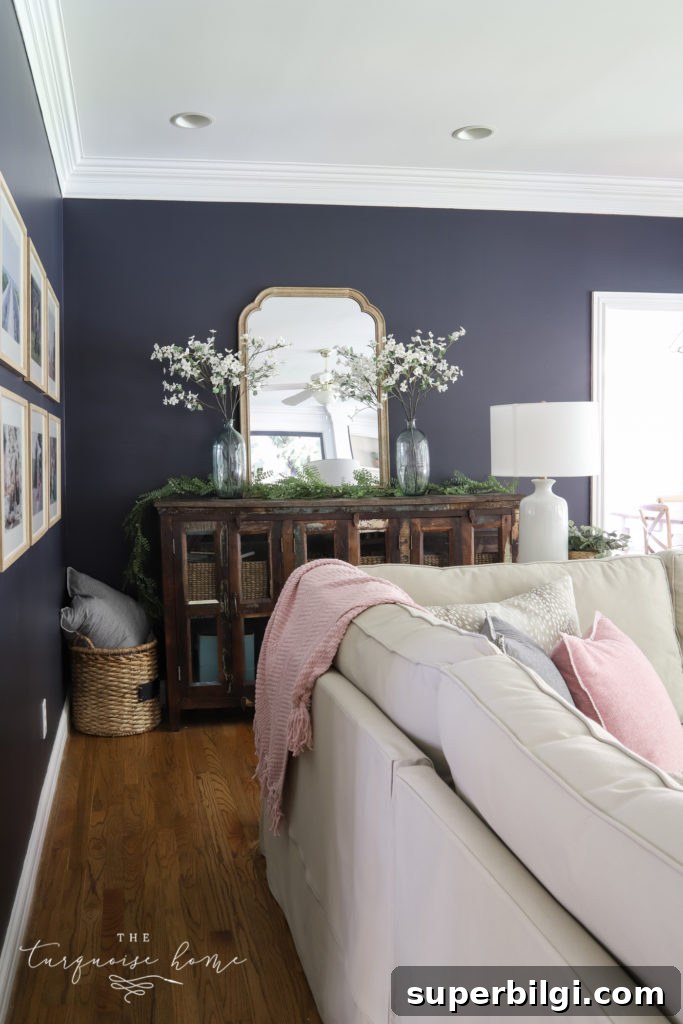 media console with large mirror