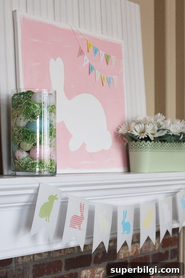 25 Spring Mantel Decor Ideas to Refresh Your Home 11 Easter fireplace mantel decor with a bunny picture, a canister of eggs and grass, and garland