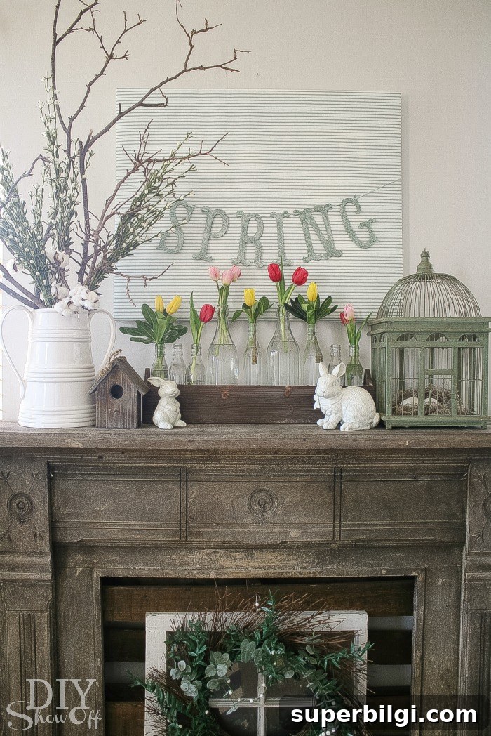 25 Spring Mantel Decor Ideas to Refresh Your Home 13 spring decor mantel with bunnies, bird cage, tulips and a spring sign