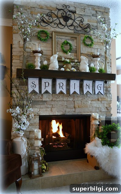 25 Spring Mantel Decor Ideas to Refresh Your Home 16 spring fireplace mantel decorations with spring garland sign, rabbit figures, candles and faux boxwood wreaths
