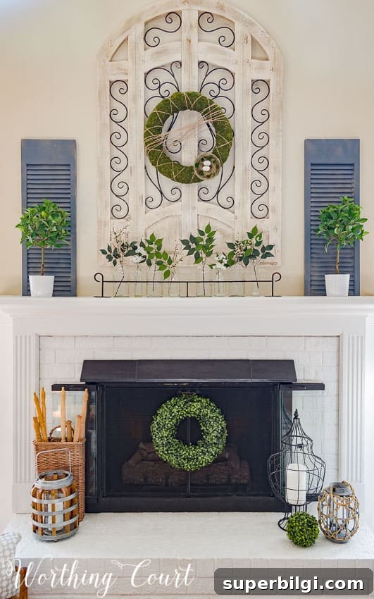 25 Spring Mantel Decor Ideas to Refresh Your Home 18 modern farmhouse spring mantel design with boxwood wreaths and other greenery