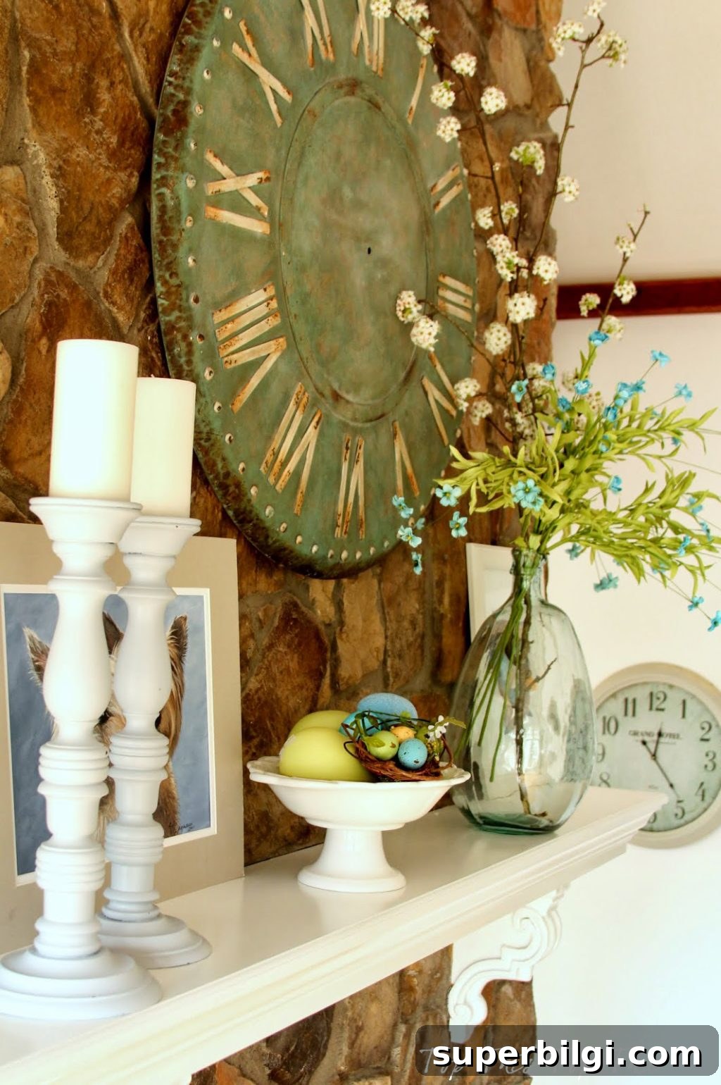 25 Spring Mantel Decor Ideas to Refresh Your Home 19 spring mantel design with candles, bright yellow and blue blooms and colored eggs