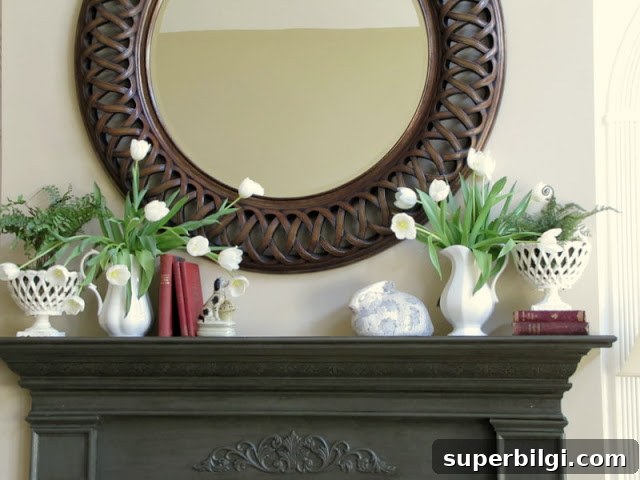 25 Spring Mantel Decor Ideas to Refresh Your Home 20 spring mantel design with circle mirror, white tulips and bunnies