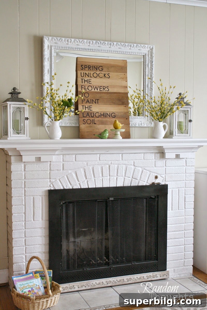 25 Spring Mantel Decor Ideas to Refresh Your Home 21 forsythia blooms on a white fireplace mantel with a sign and bird figurines