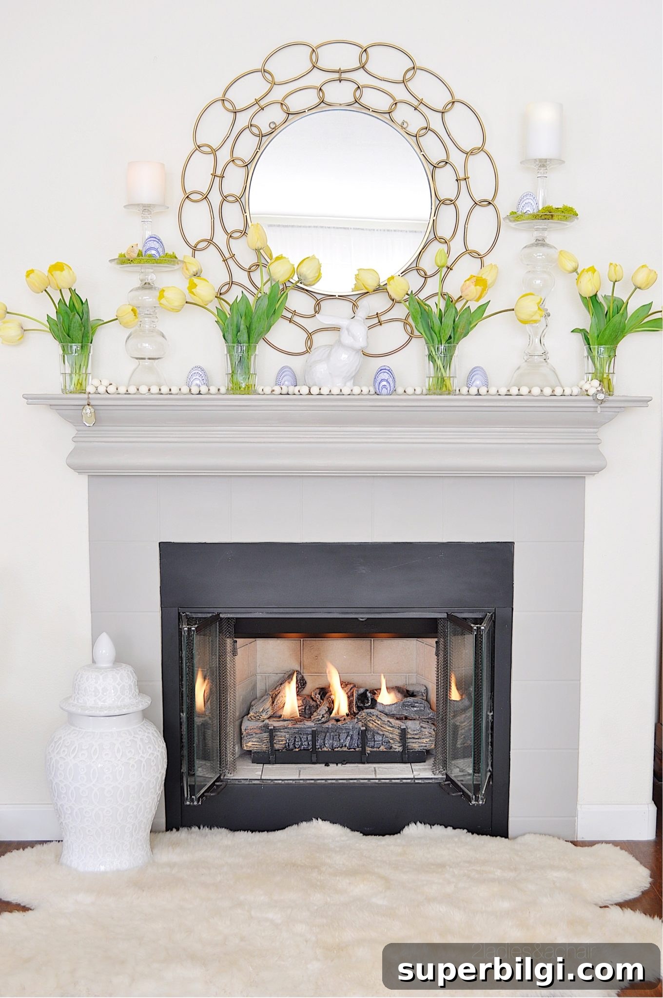 25 Spring Mantel Decor Ideas to Refresh Your Home 23 lovely springtime mantel decorations with yellow tulips and a circle mirror