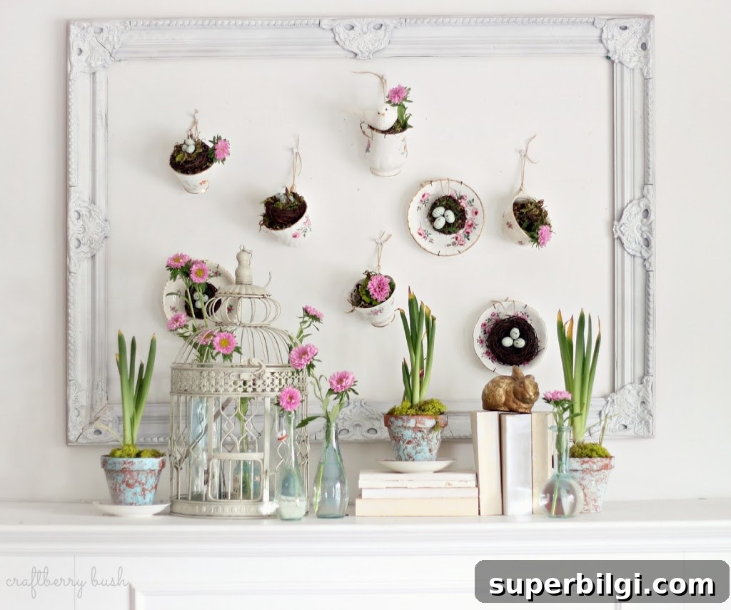 25 Spring Mantel Decor Ideas to Refresh Your Home 26 teacups hanging on the wall over fireplace mantel holding spring blooms