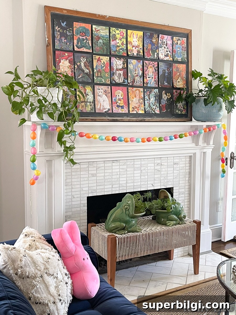 25 Spring Mantel Decor Ideas to Refresh Your Home 28 spring mantel with DIY egg garland