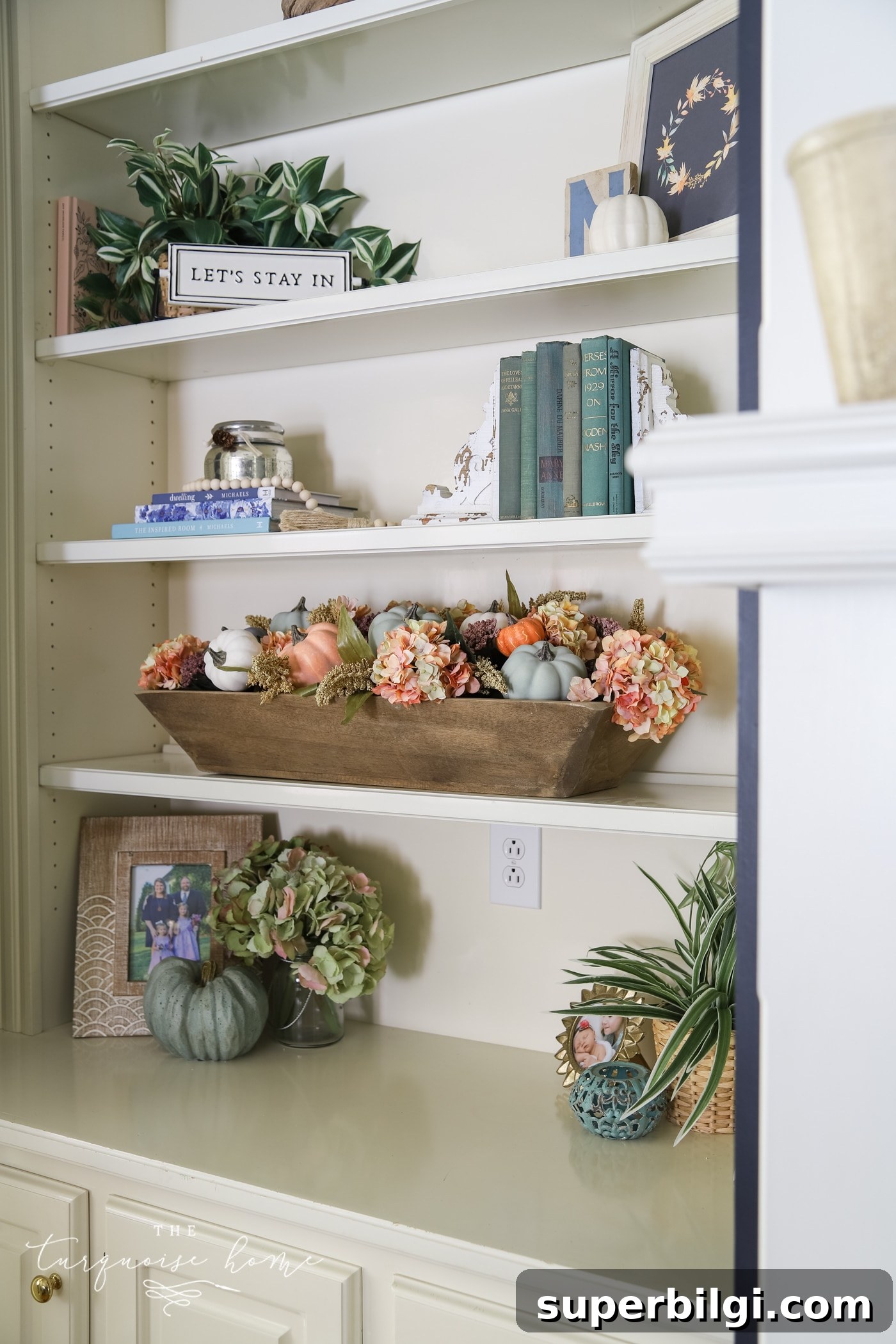 Built-in Bookshelves with Fall Decor