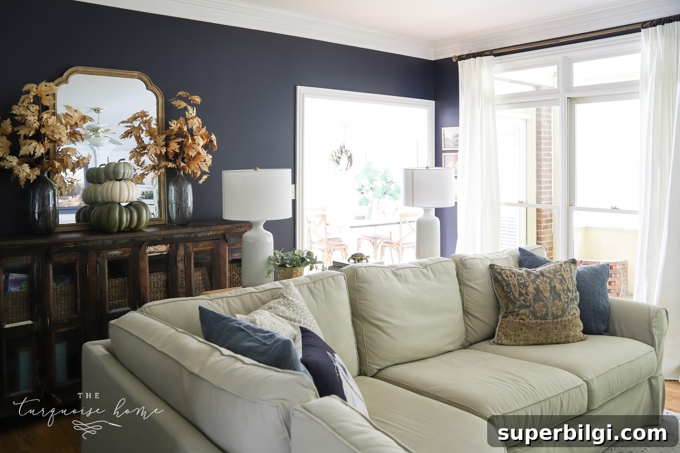 Fall living room with navy walls