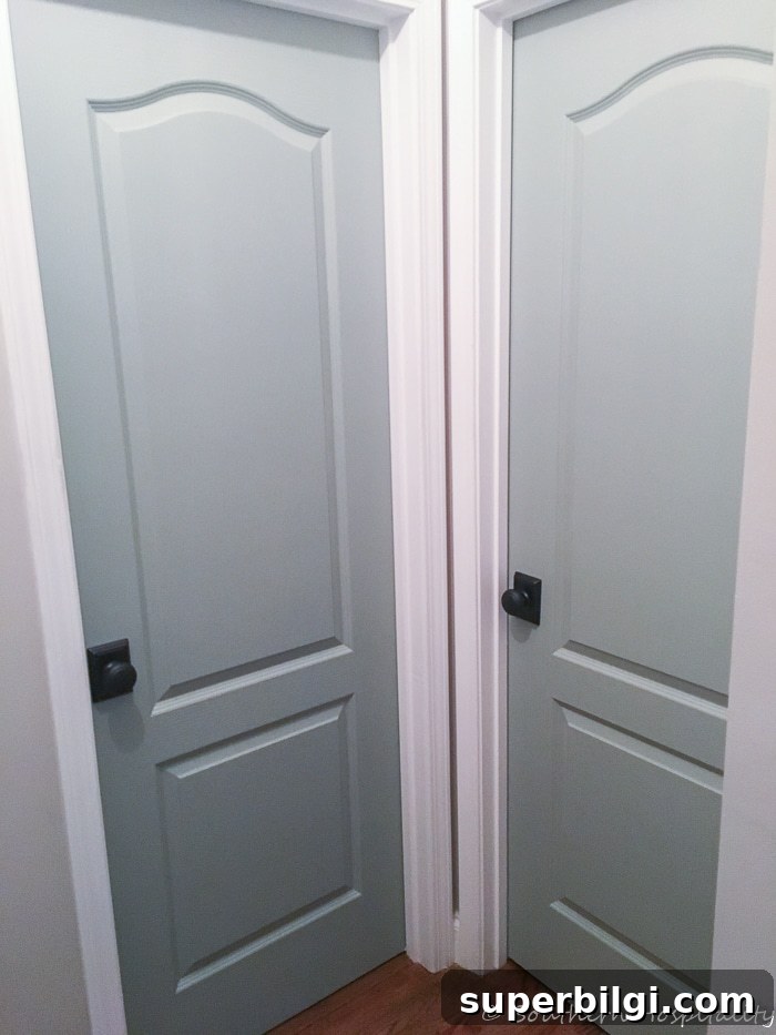 Interior Door Paint Colors That Transform Your Home 9 close up of two subtle blue gray interior doors