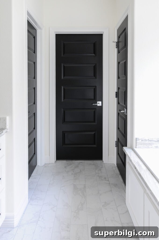 Interior Door Paint Colors That Transform Your Home 10 hallway with white walls and black interior door paint color