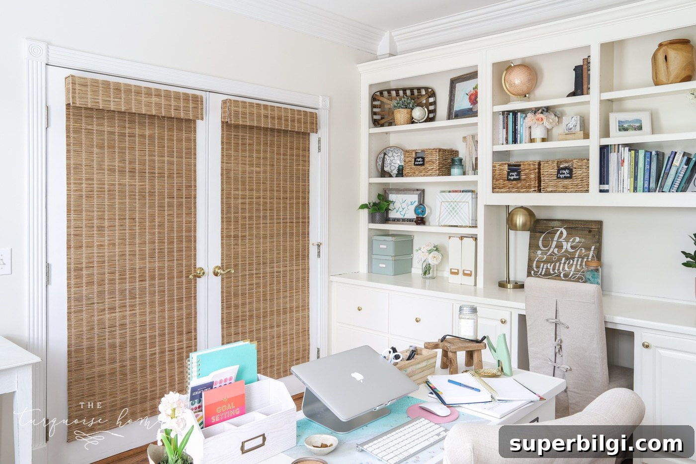 10 Office Decor Ideas to Transform Your Workspace 19 Closed bamboo blinds on french doors!