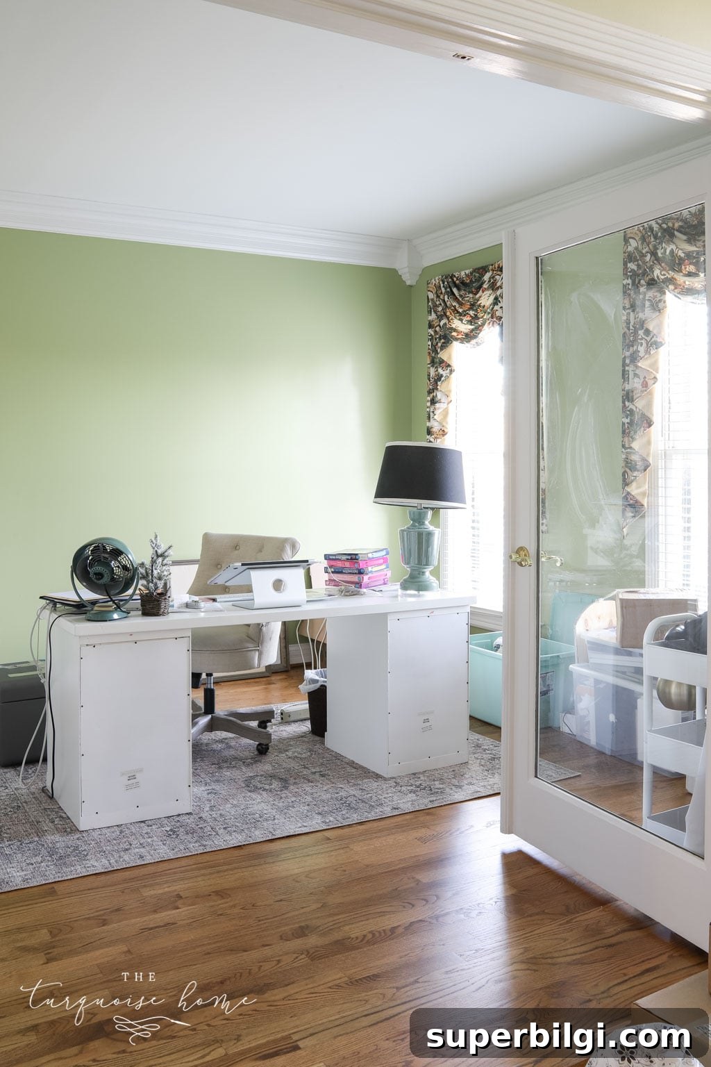10 Office Decor Ideas to Transform Your Workspace 7 Feminine office with lime green walls and desk in the middle of the room.
