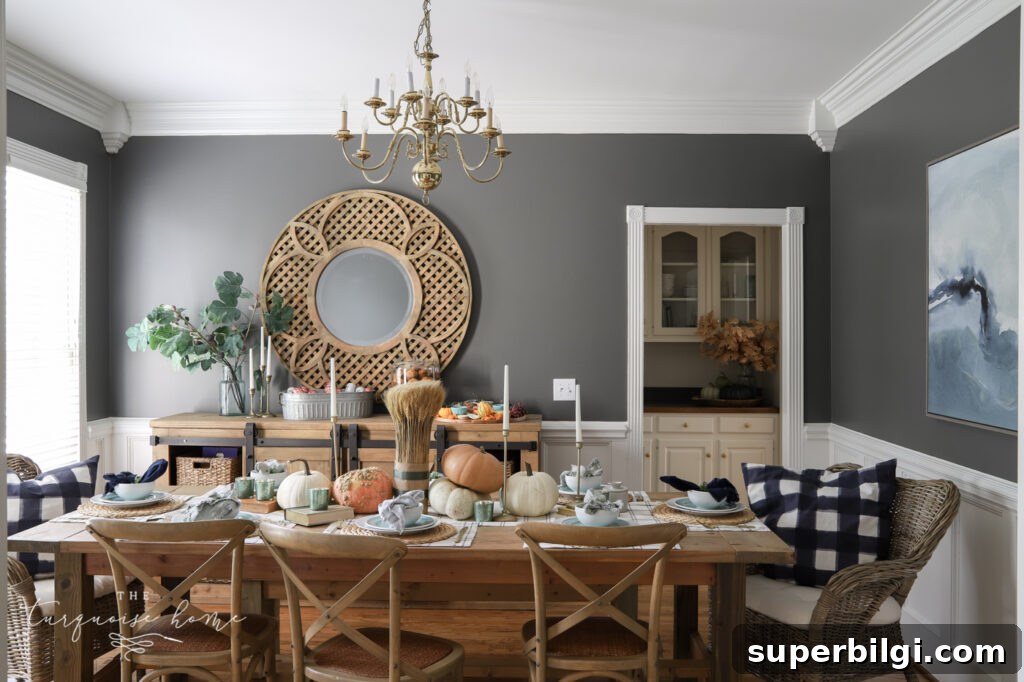 Casual Friendsgiving: Hosting Tips and Decor Ideas 12 Kendall Charcoal Dining Room with Fall Decor