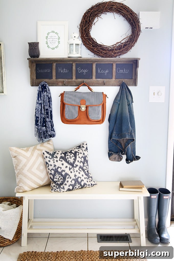 15 Space-Saving Storage Ideas for Small Entryways 10 Styled shelf with hooks and chalkboard labels. Bench with throw pillows makes this entryway look cozy.