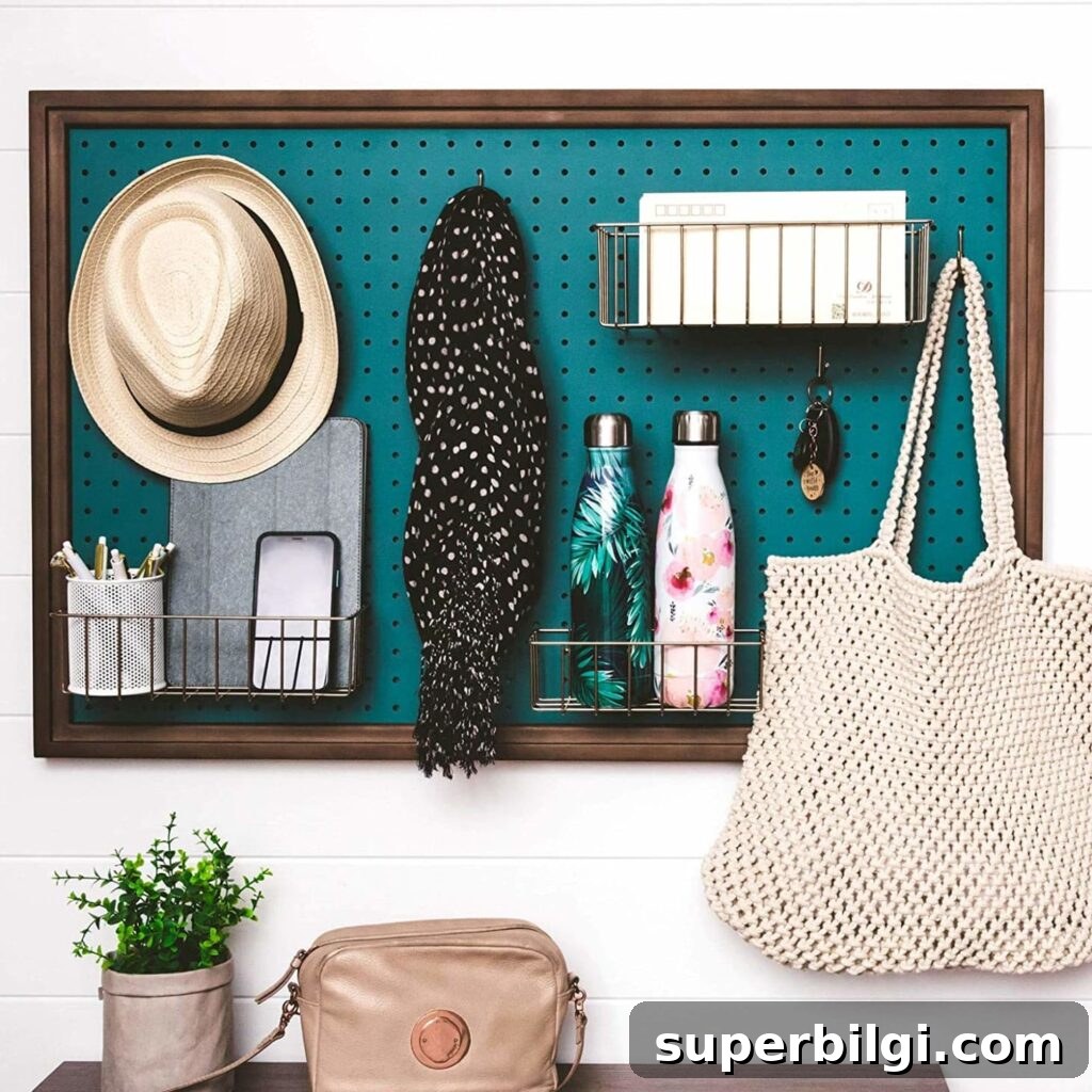 15 Space-Saving Storage Ideas for Small Entryways 15 Peg board, hooks and baskets can store everything from hats and scarves to electronics and water bottles.