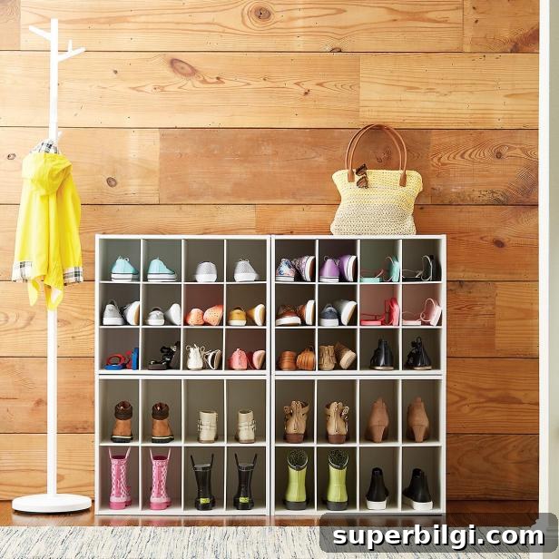 15 Space-Saving Storage Ideas for Small Entryways 17 Stackable shoe organizer holds a dozen pairs of shoes.