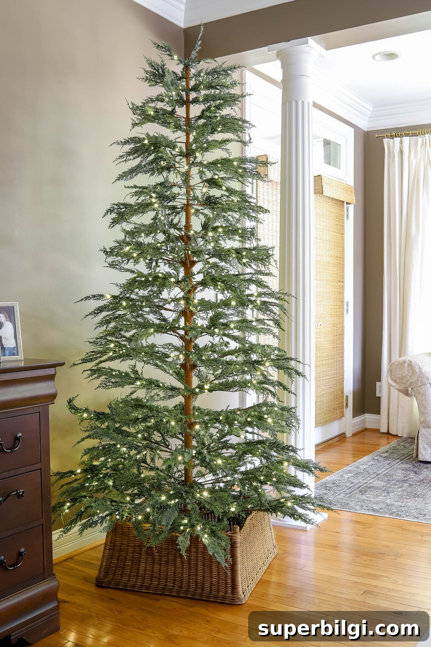 Christmas Tree Collar Ideas 2025: Creative and Festive 3 sparse Christmas tree with square tree collar.