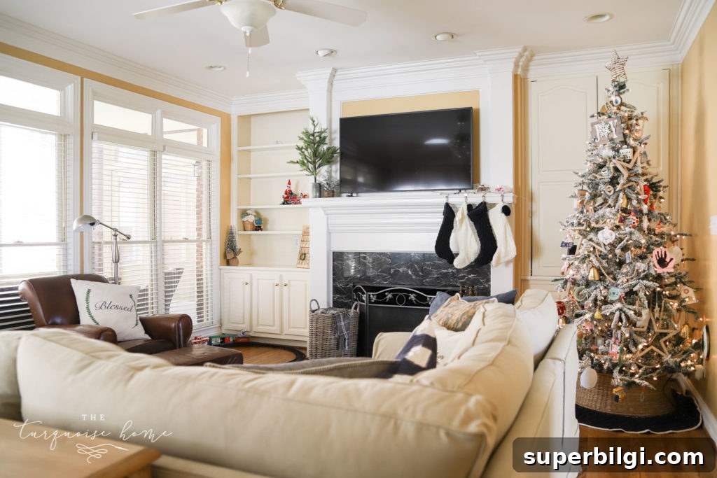 2020 Christmas Decorating Plans and Inspiration 2 PB Comfort sectional in living room with wall of windows