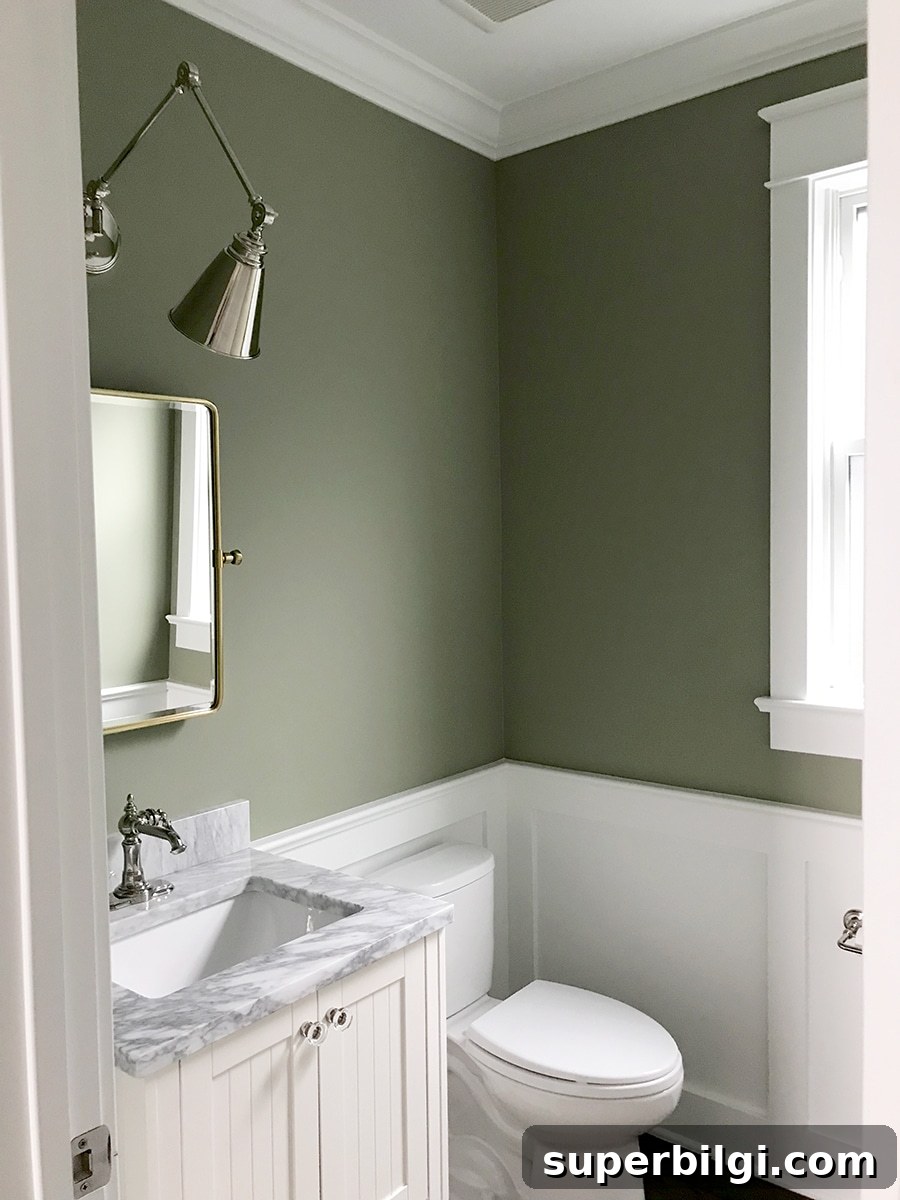 Green Paint Colors That Transform Your Home 11 Powder room upper walls painted in Lichen by Farrow & Ball, paired with bright white wainscoting.