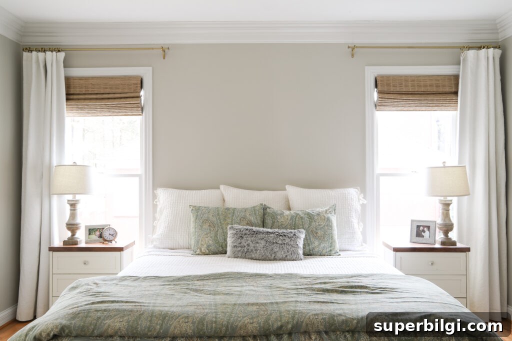 Primary Bedroom Window Treatments for Style and Privacy 3 King size bed with bamboo shades and curtains