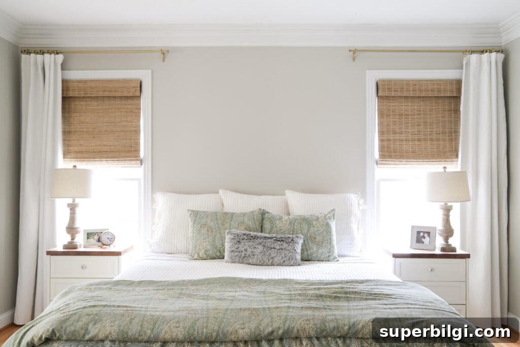 Primary Bedroom Window Treatments for Style and Privacy 6 King size bed with bamboo shades and curtains