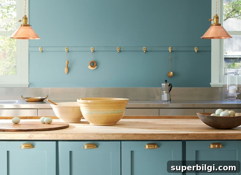 Blue Green Paint Shades to Transform Your Home 7 Aegean Teal painted kitchen cabinets and walls