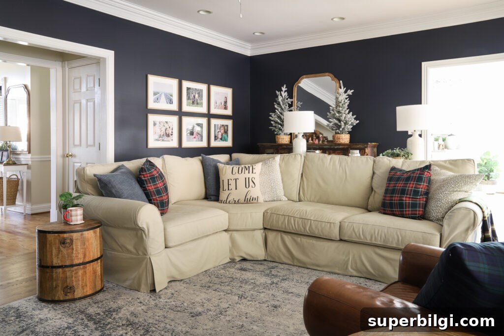 Traditional Christmas Living Room Decor Ideas for 2020 10 PB Comfort Sectional Sofa decorated for Christmas