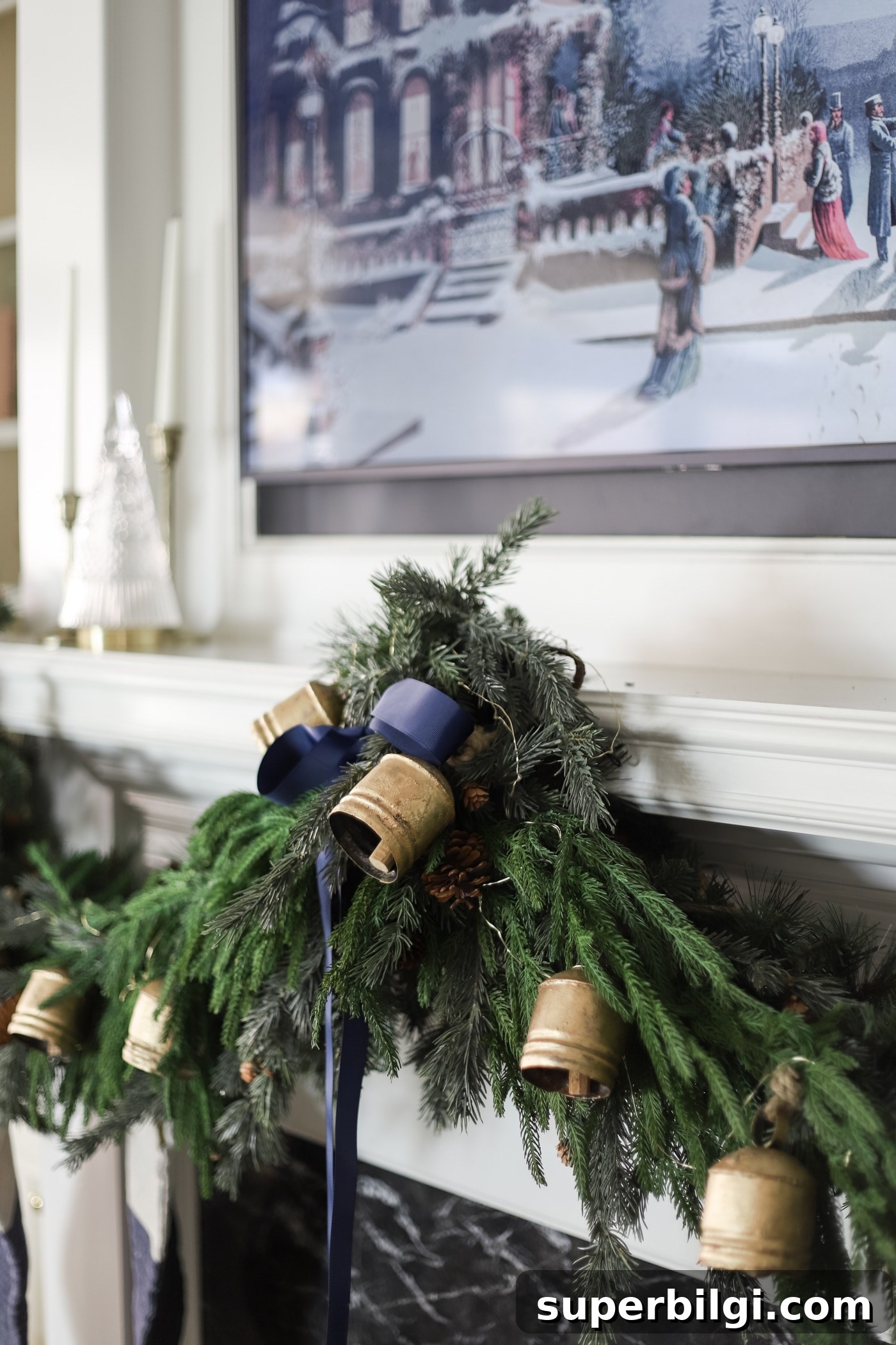 Christmas Garland with Navy Ribbon