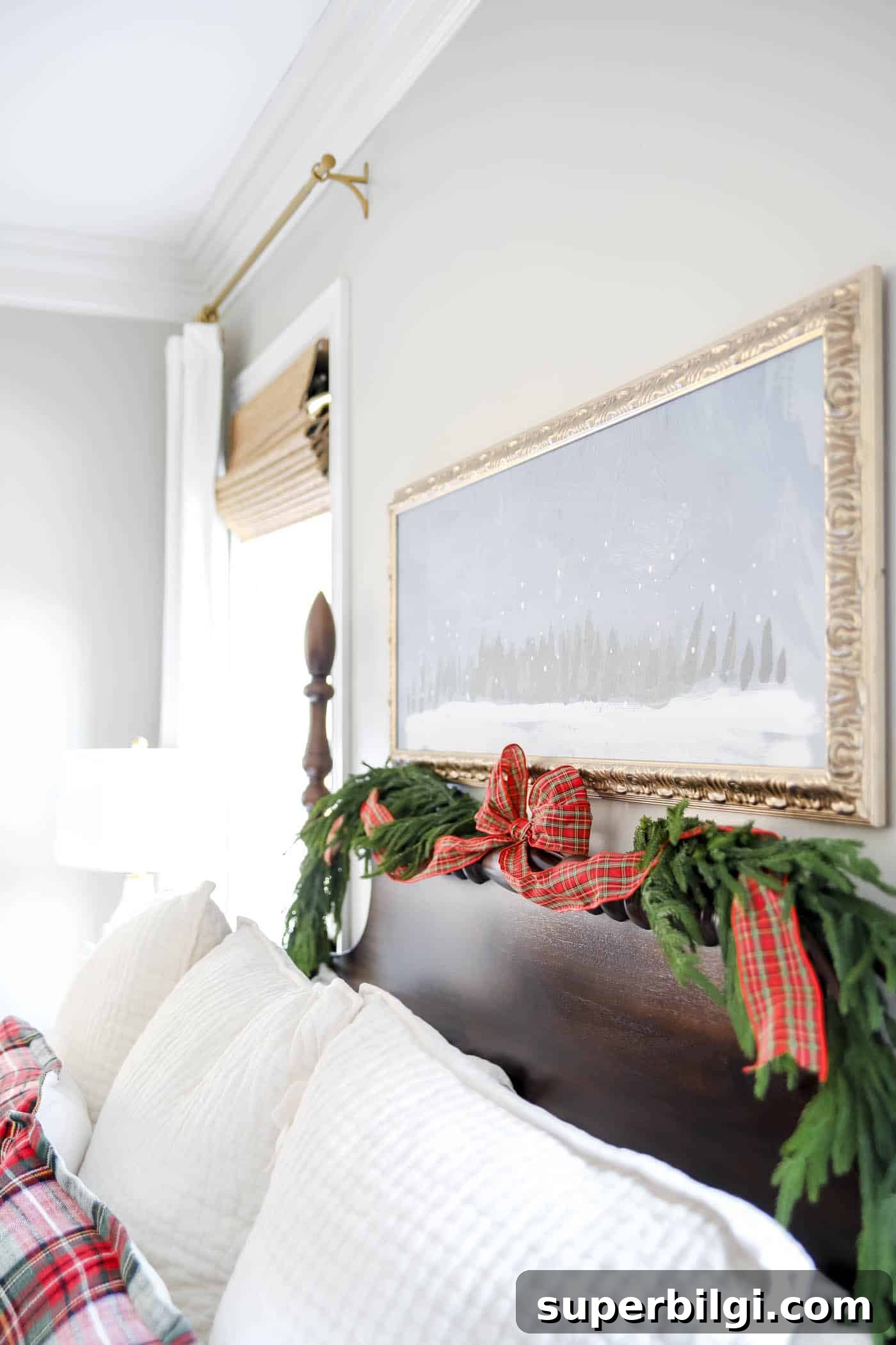 Cozy Christmas Bedroom Decorating Ideas and Inspiration 9 Garland and ribbon the the bed headboard for Christmas