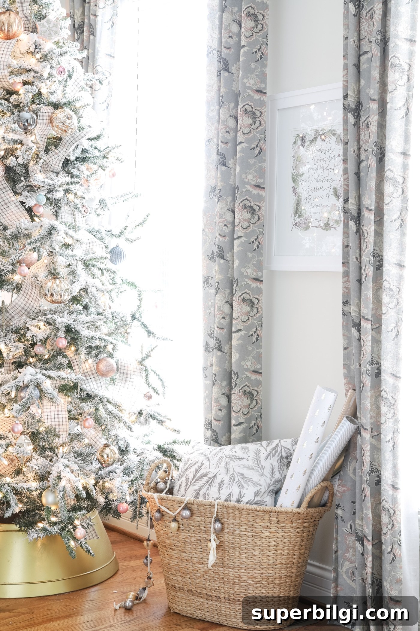 Blush and Brass Christmas Office Decor Ideas 6 Floral Blush & Gray Curtains in Girly Office
