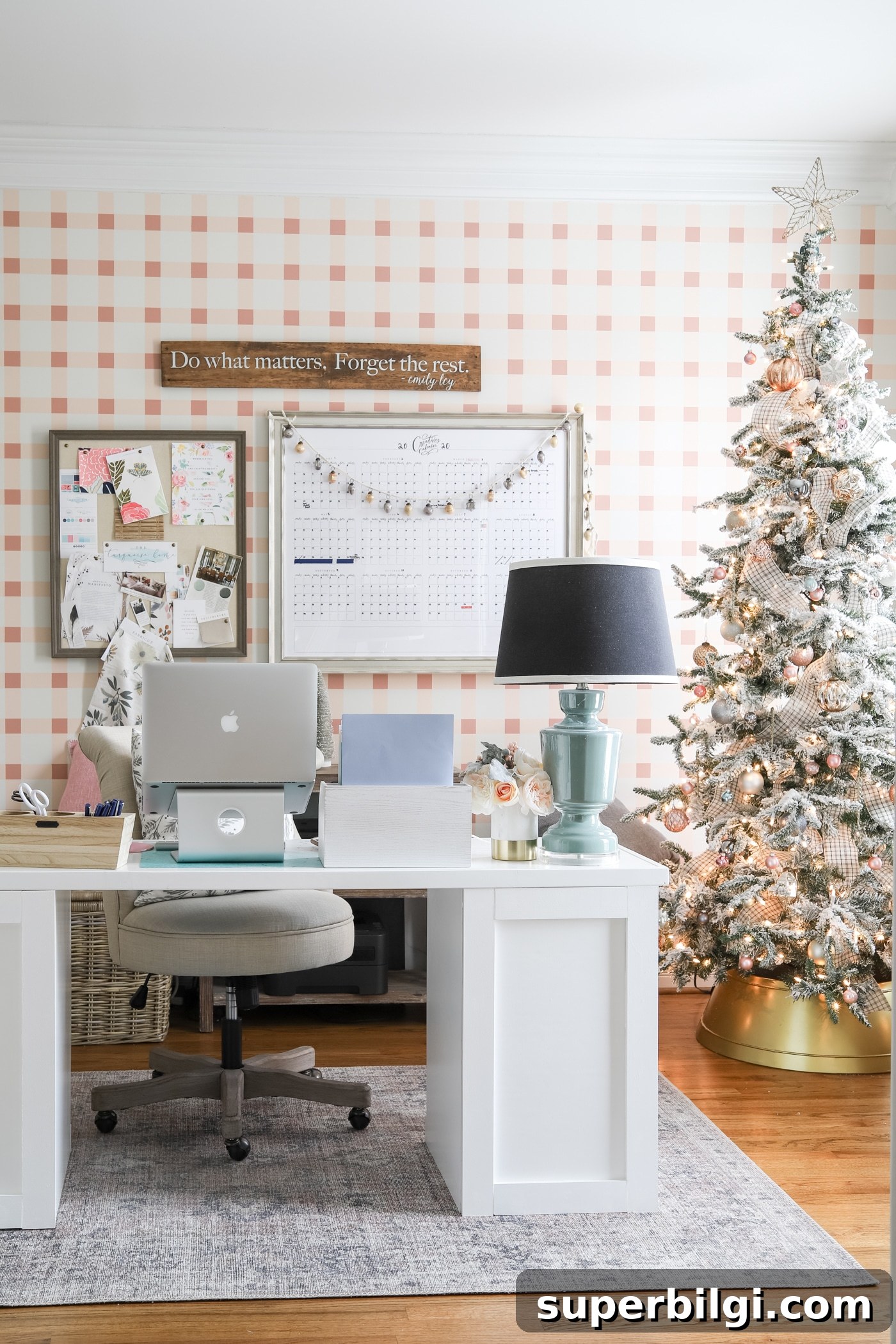 Blush and Brass Christmas Office Decor Ideas 9 Gold Tree Collar in a Girly Office