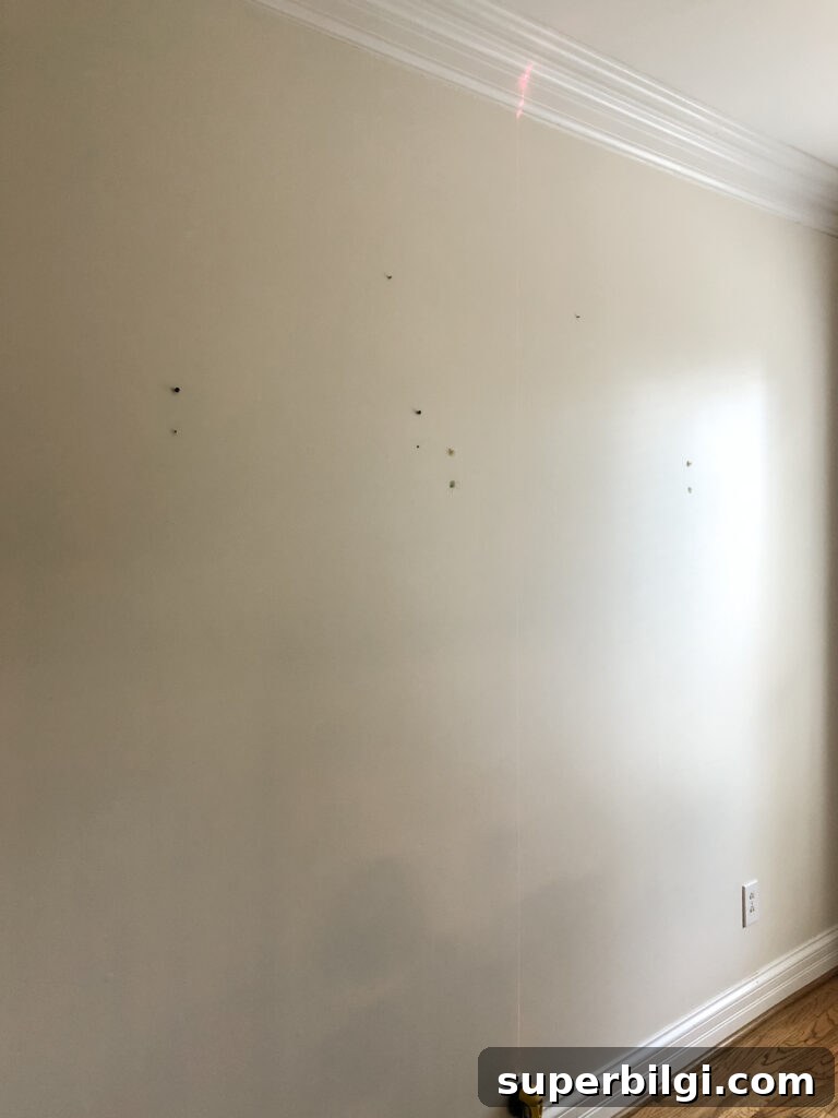 Step-by-Step DIY Plaid Accent Wall Tutorial 5 laser level on the wall