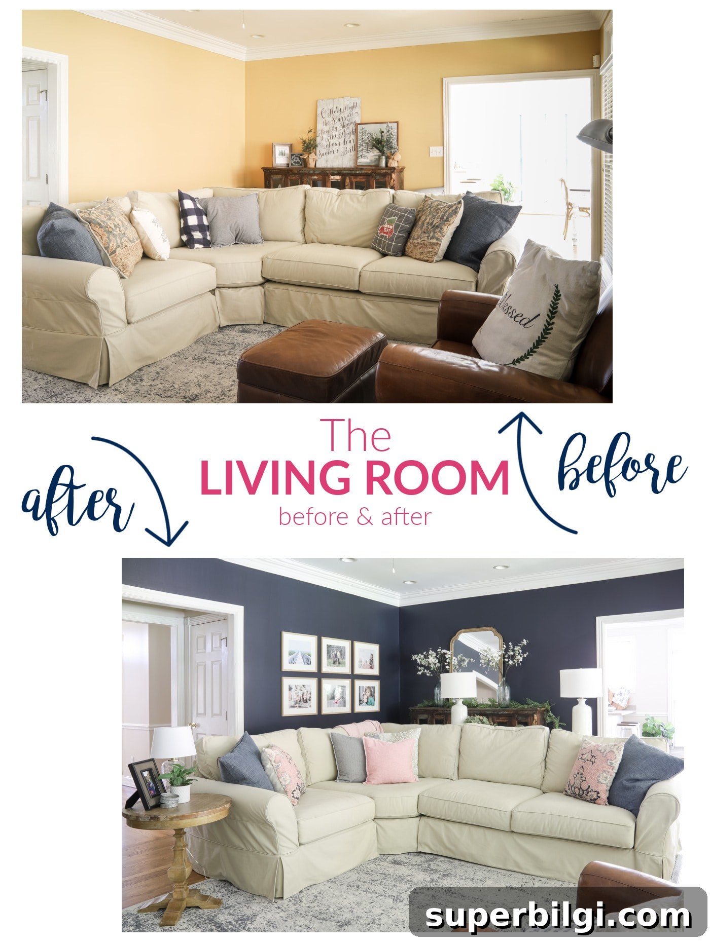 One-Year Home Makeover: Before and After Tour 9 Navy living room after makeover