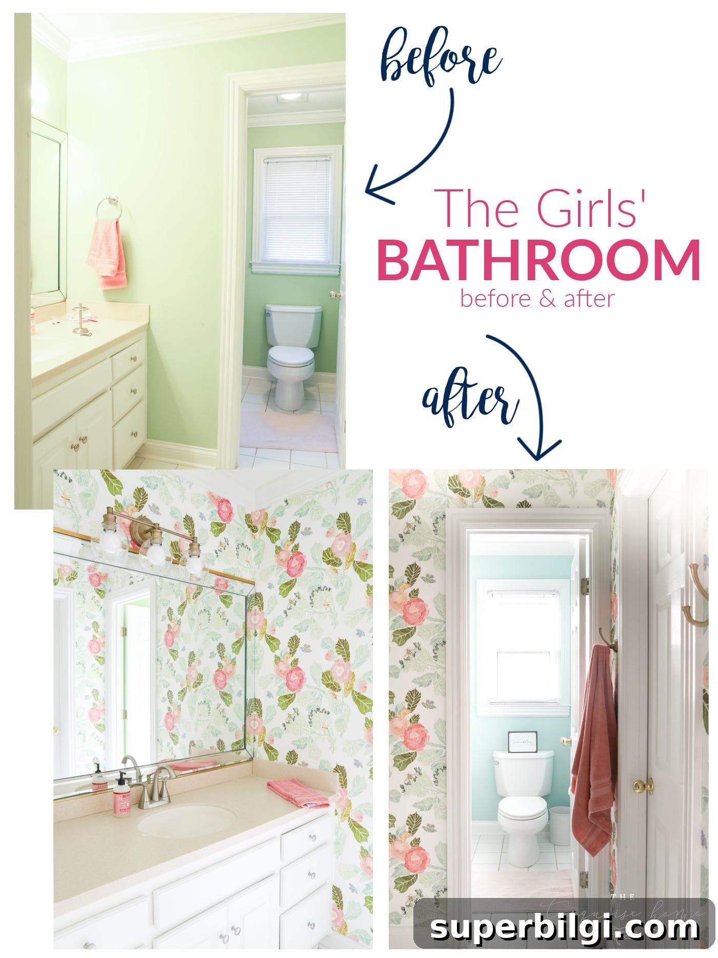 One-Year Home Makeover: Before and After Tour 11 Girls' bathroom before and after with wallpaper