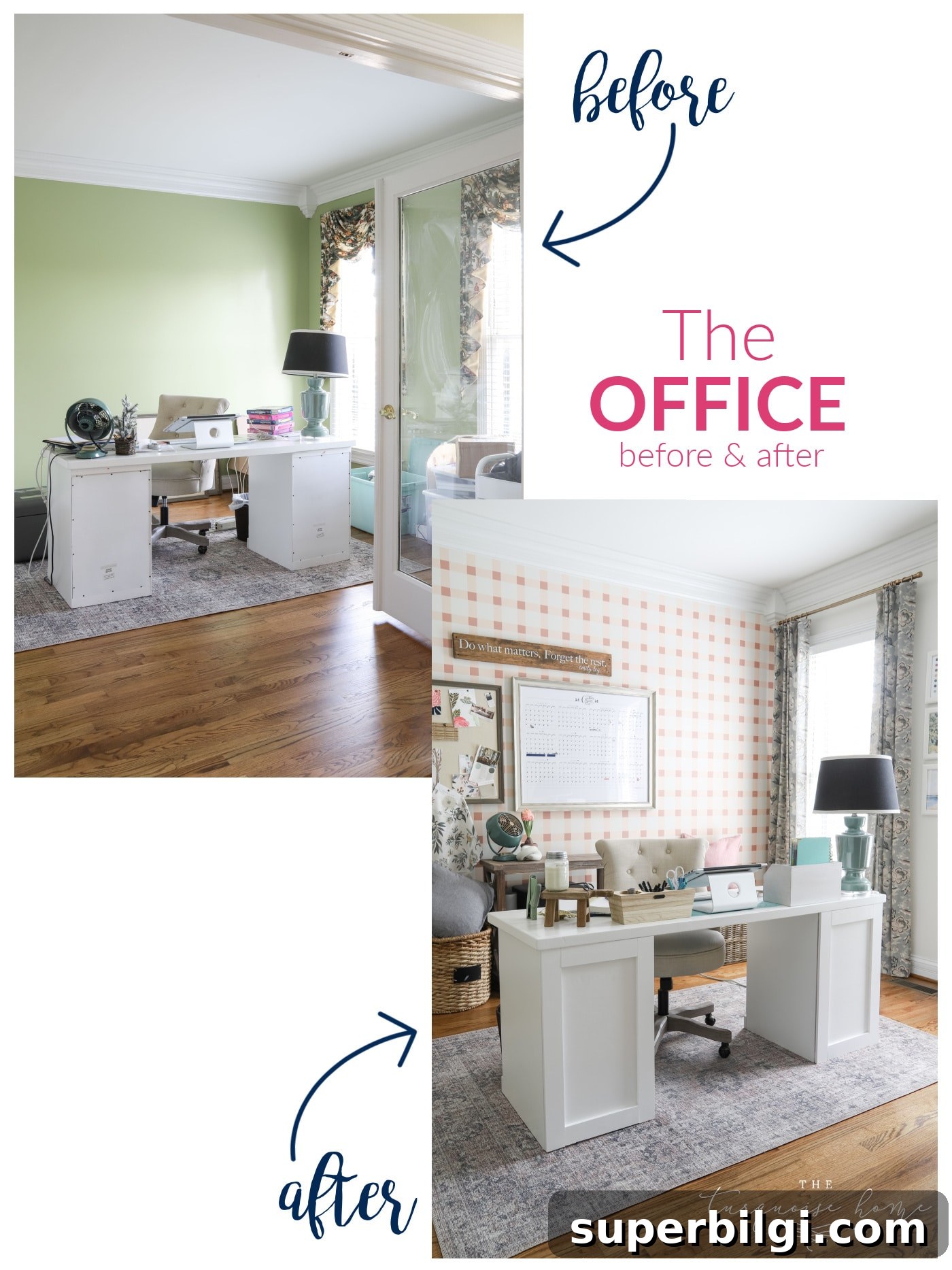 One-Year Home Makeover: Before and After Tour 6 Blush and brass home office before and after