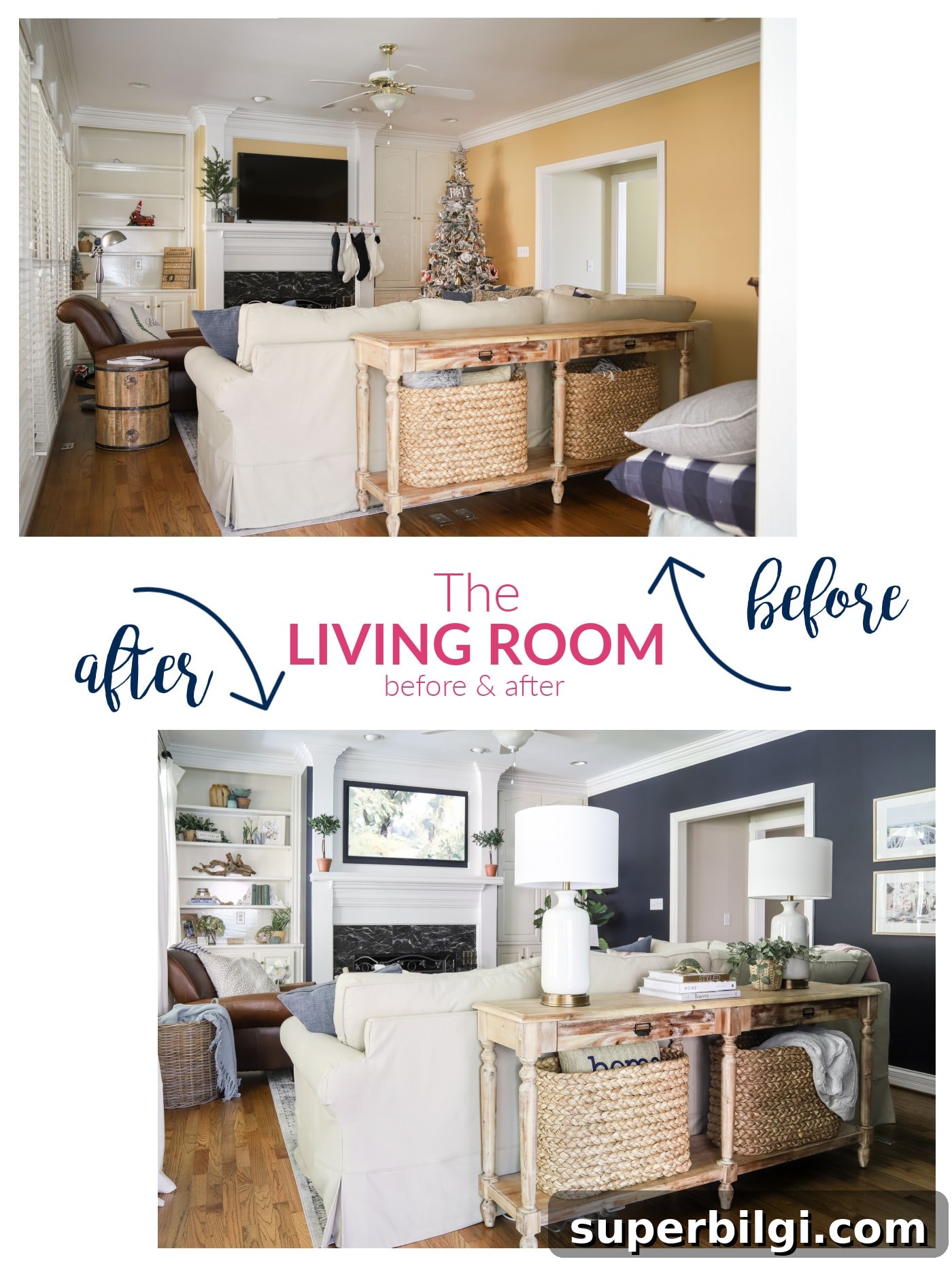 One-Year Home Makeover: Before and After Tour 8 Navy living room makeover before and after