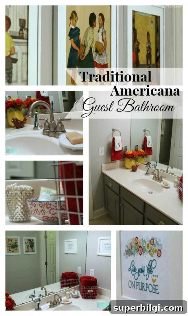 Americana-Style Guest Bathroom Makeover 2 Traditional-Americana Guest Bathroom Update: painted walls, cabinets, new hardware and a punch of color!