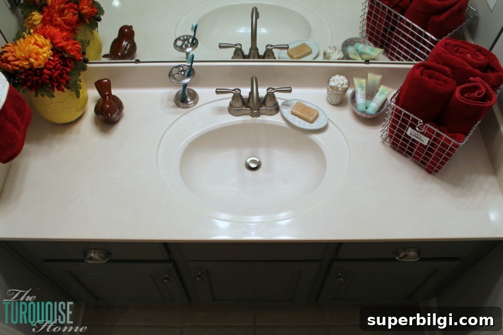 Americana-Style Guest Bathroom Makeover 10 Traditional-Americana Guest Bathroom Update: painted walls, cabinets, new hardware and a punch of color!