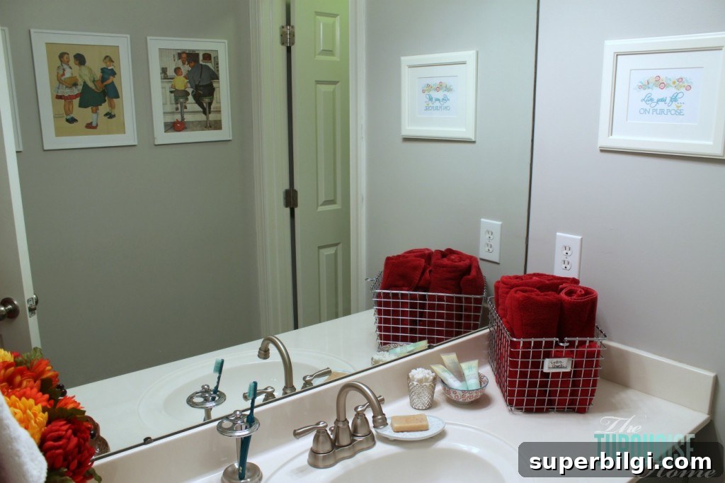 Americana-Style Guest Bathroom Makeover 12 Traditional-Americana Guest Bathroom Update: painted walls, cabinets, new hardware and a punch of color!